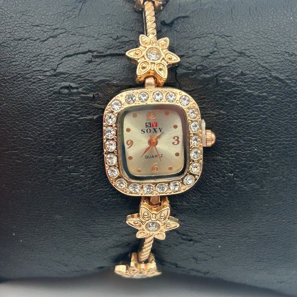 Soxy Rose Gold Square Dial Crystals on Bezel Floral Accents Women Fashion Watch